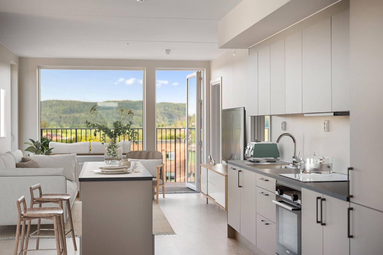 I en åpen løsning mot stuen finner du et stilrent, delikat HTH kjøkken. Bildet er virtuelt møblert. Galleribilde