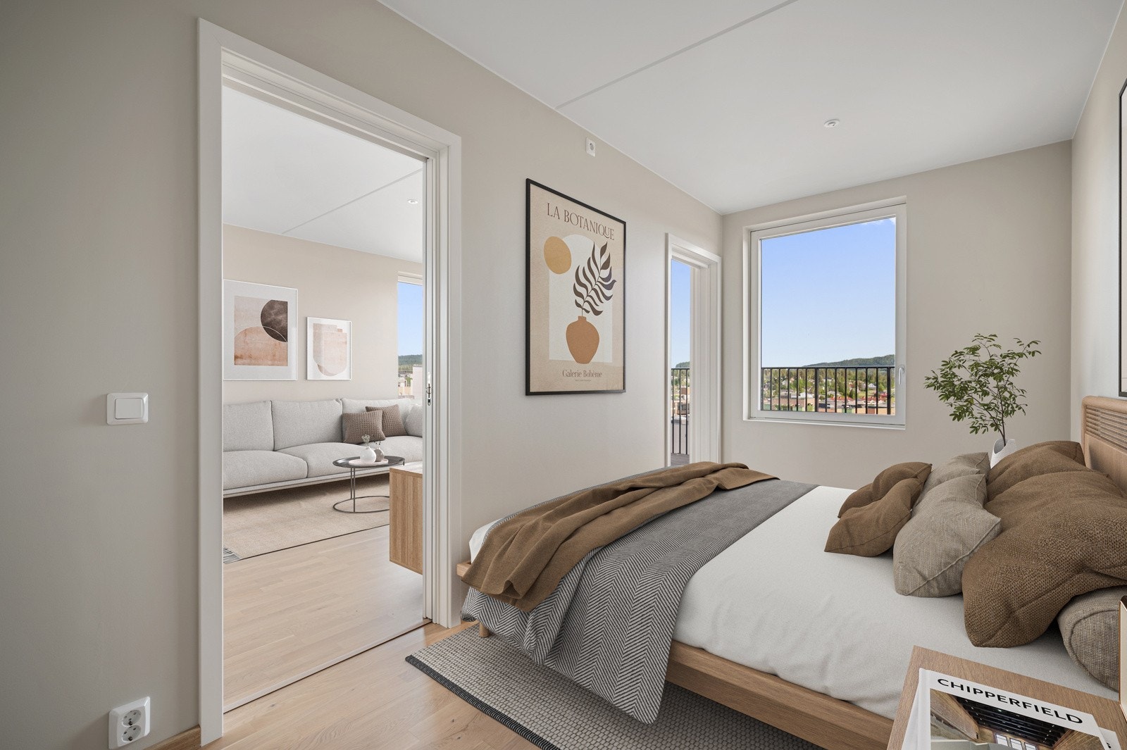 Boligen har fire trivelig soverom der du har god plass til både dobbeltseng og garderobeløsning. Bildet er virtuelt møblert. Galleribilde