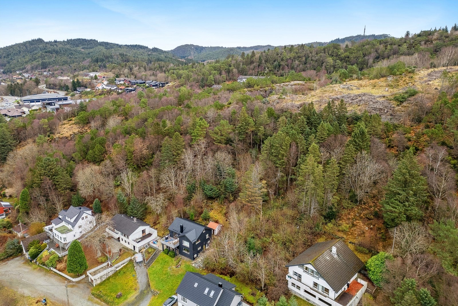 Tomten fremstår som naturtomt i skrånende terreng. Galleribilde