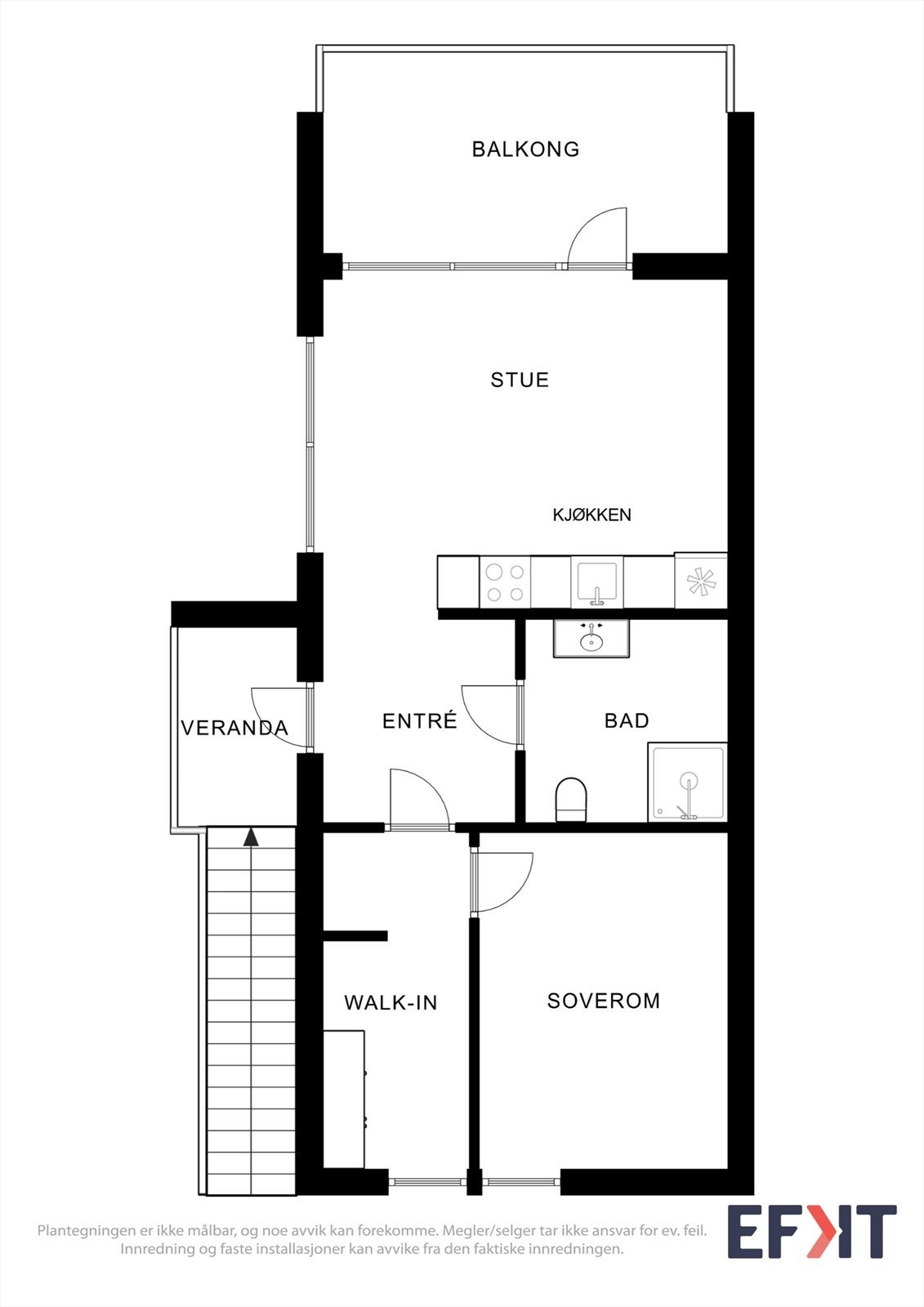 Plantegningen viser en arealeffektiv leilighet med alt på ett plan, inkludert walk-in-garderobe. Galleribilde