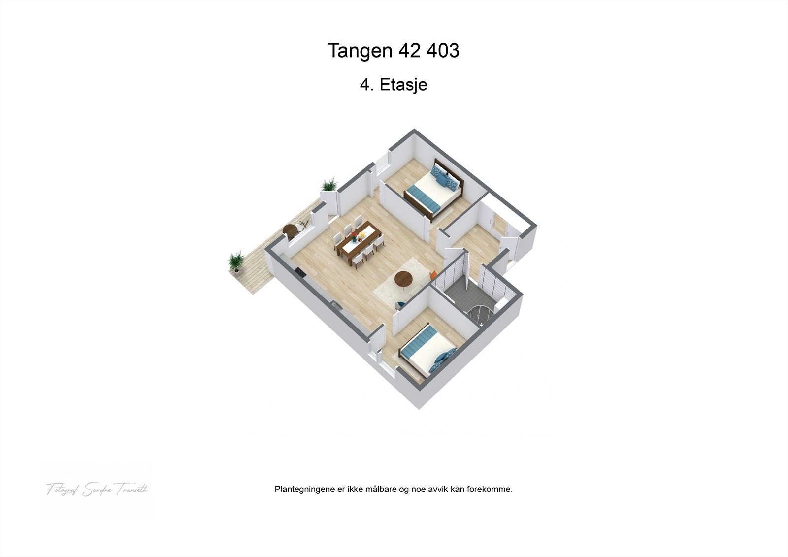 Planløsning 4.etg.: entre, åpen stue/kjøkkenløsning med tilkomst til balkong, 2 soverom, samt bad/vaskerom. I tillegg medfølger det bod i samme etasje, samt bod og parkeringsplass i felles garasjeanlegg. Galleribilde