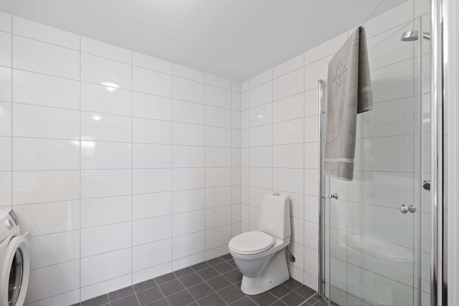 Det er åpen dusj med glassdører, servantskap, gulvmontert toalett og opplegg for vaskemaskin på badet. Galleribilde