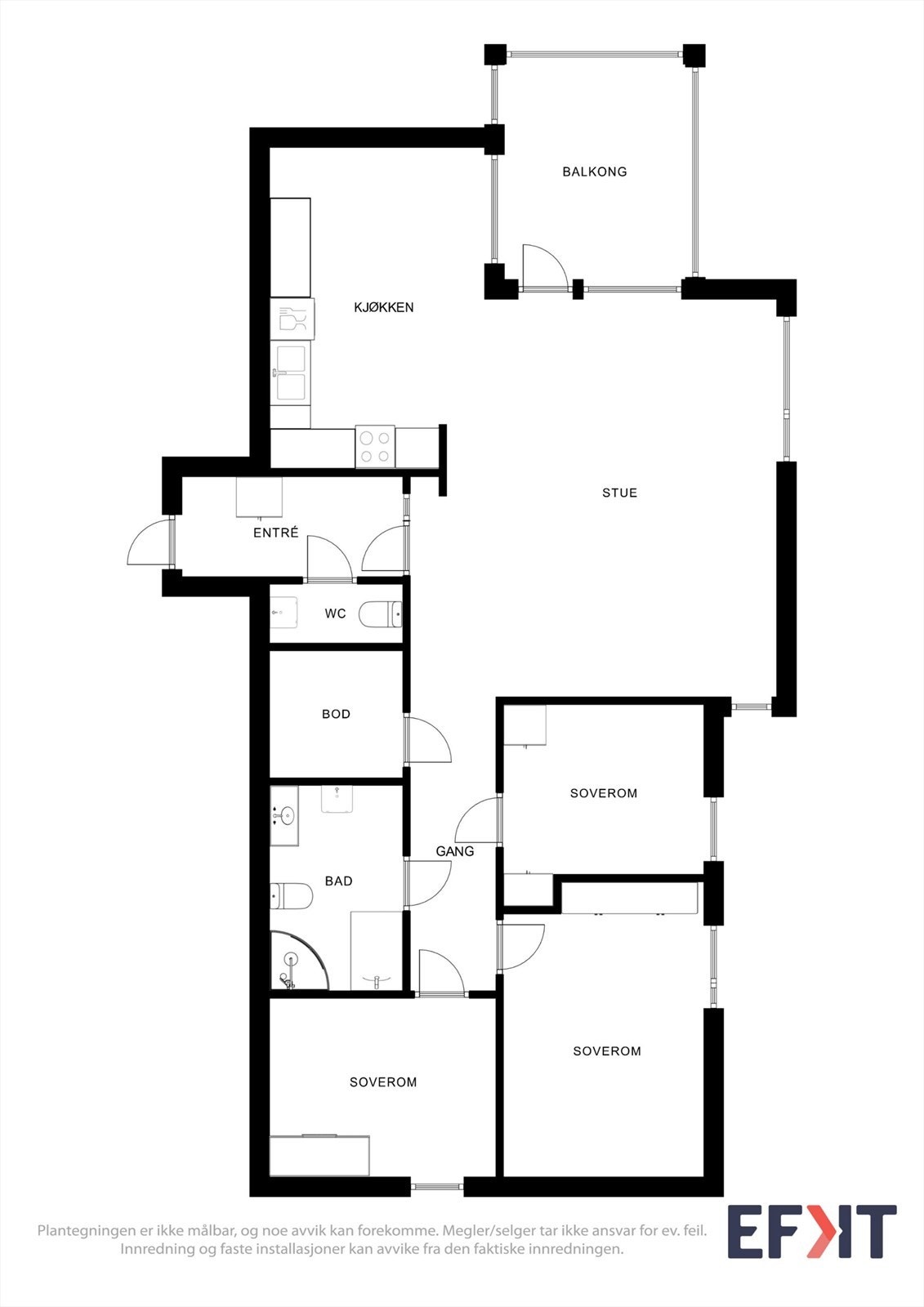 Leiligheten har en arealeffektiv planløsning på 102 m² med blant annet tre soverom og separat toalettrom. Galleribilde