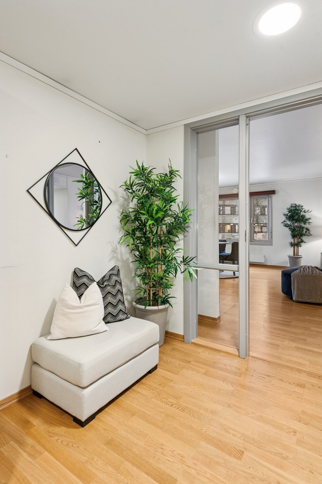 En dør med glassfelt mellom gangen og stuen bidrar til en åpen og luftig romfølelse. Galleribilde