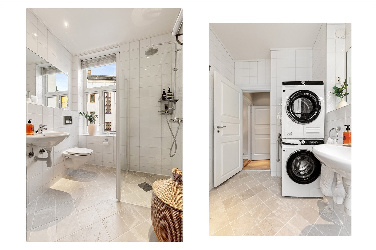 Romslig bad med flislagte overflater, downlights med dimmer og behagelig gulvvarme. Galleribilde