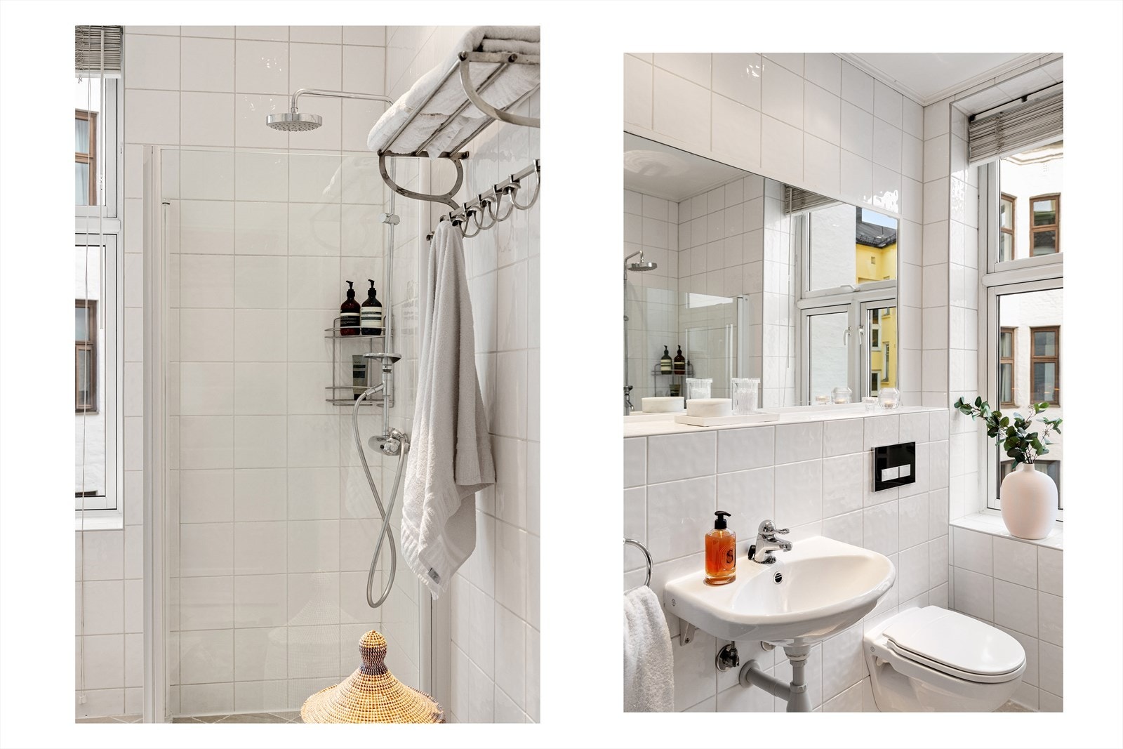 Innredning og garnityr på badet består av veggmontert toalett, dusjhjørne med innfellbare glassvegger og vegghengt servant med ettgrepsblandebatteri. Det er opplegg for vaskemaskin. Galleribilde