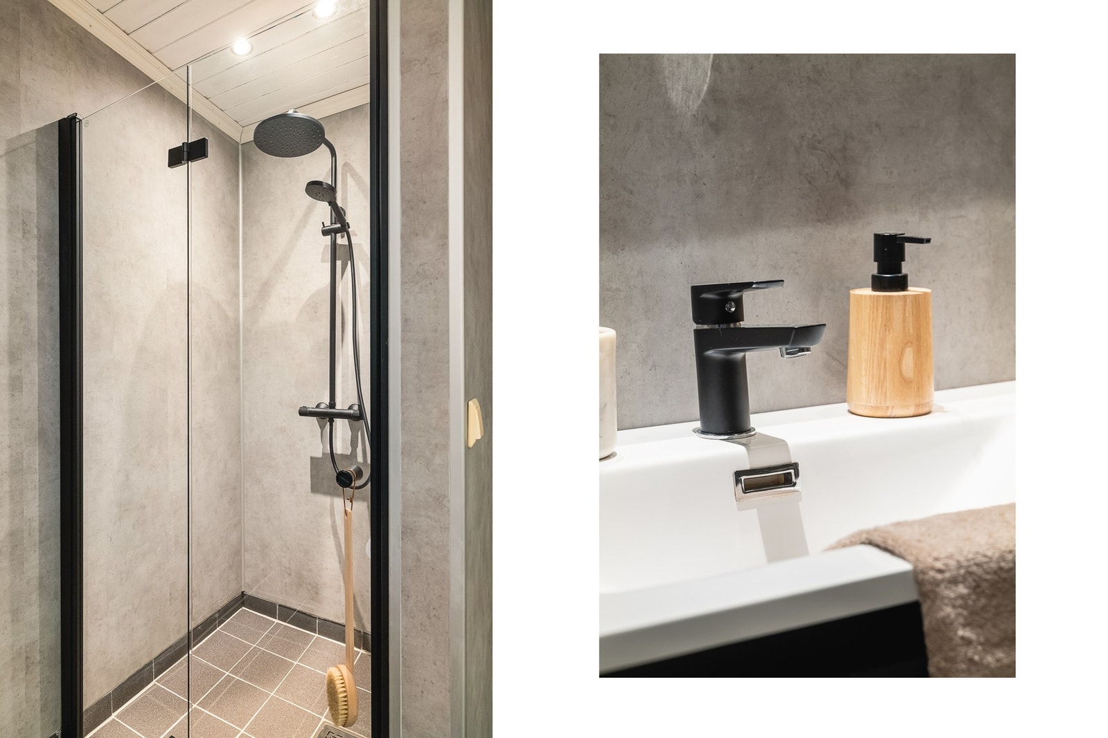 Badet inneholder vegghengt toalett, helstøpt servant, skuffer under servant med slette fronter og dusjdører i klart glass. Galleribilde