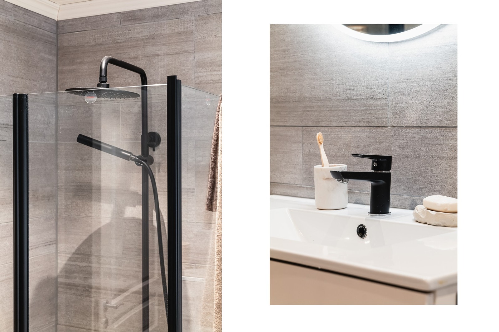 Badet inneholder vegghengt toalett, helstøpt servant, skuffer under servant med slette fronter, dusjdører i klart glass og opplegg for vaskemaskin. Galleribilde