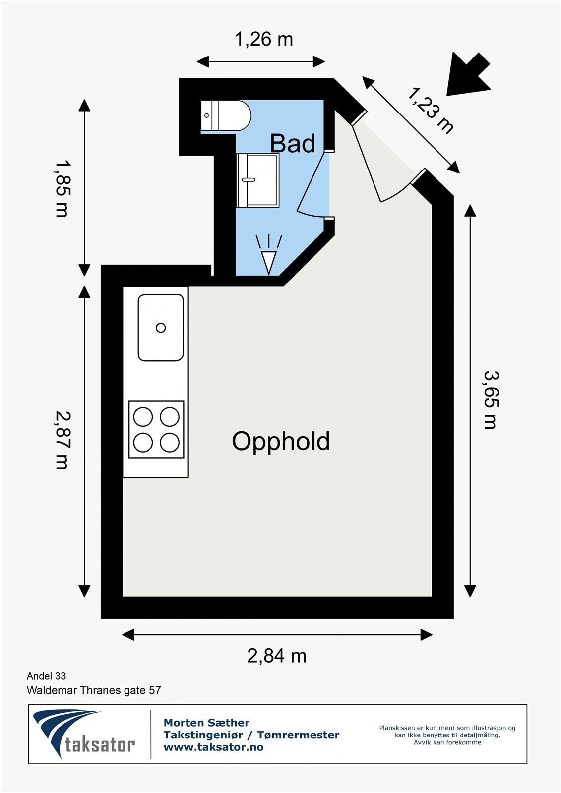 Målsatt planskisse. Leiligheten ligger fint til i byggets 3. etasje. Galleribilde