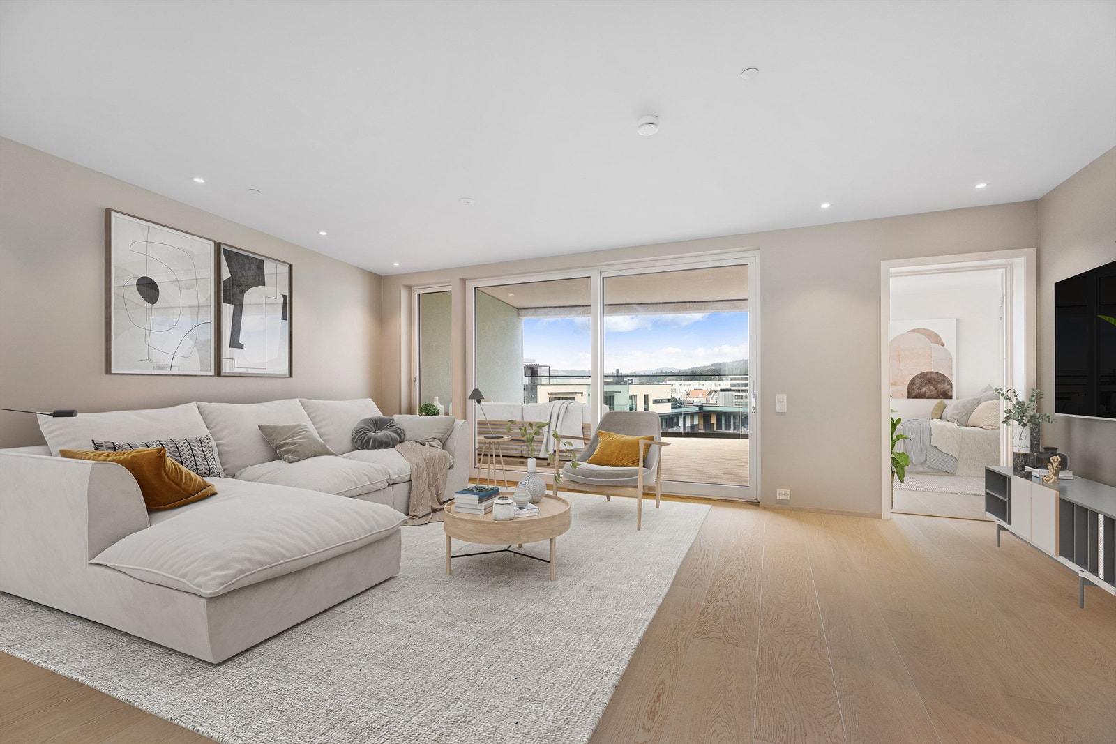 Lys og luftig stue med tilgang til romslig balkong. Galleribilde