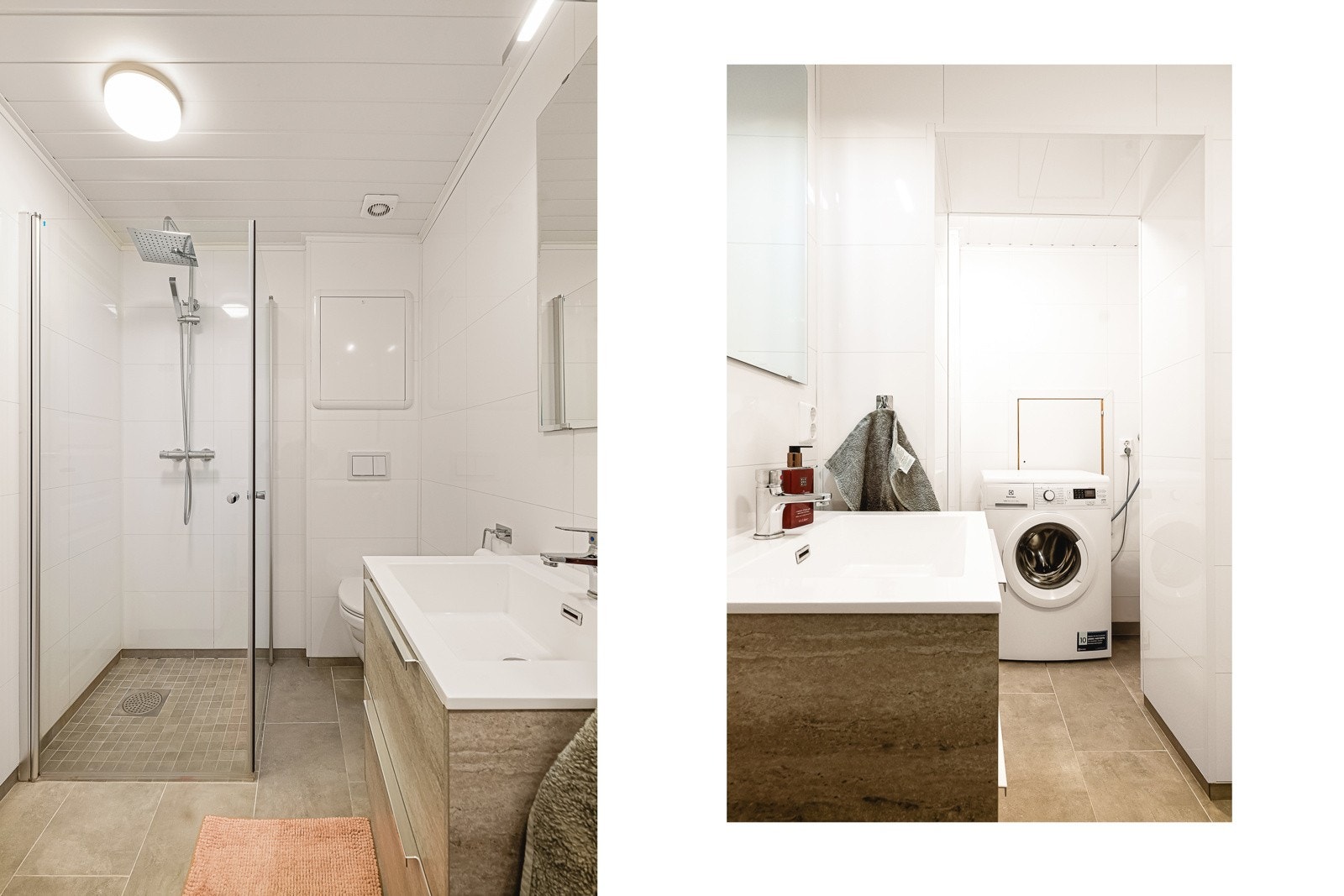 Badet er på ca 4,9kvm og er utstyrt med opplegg for vaskemaskin, dusj, baderomsmøblement og toalett. Galleribilde