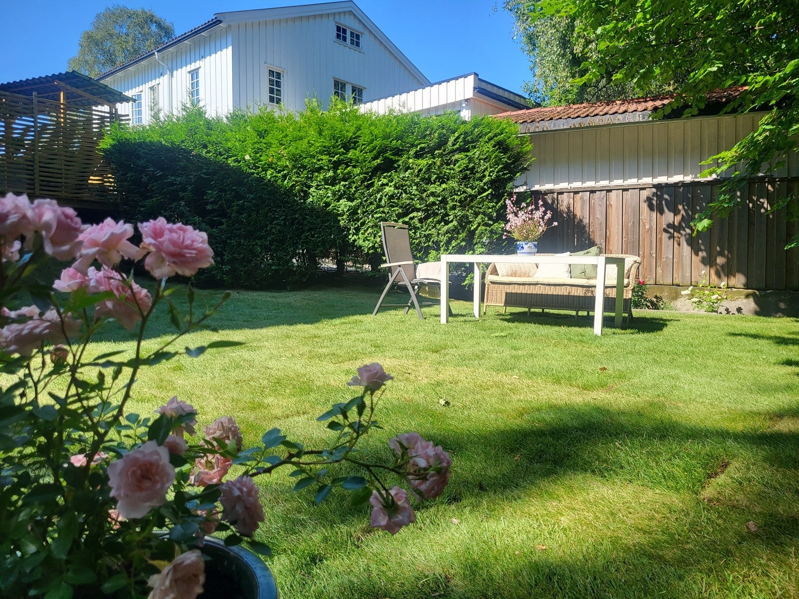Leiligheten har egen solrik hage som med nylagt gressplen og beplantning. Galleribilde