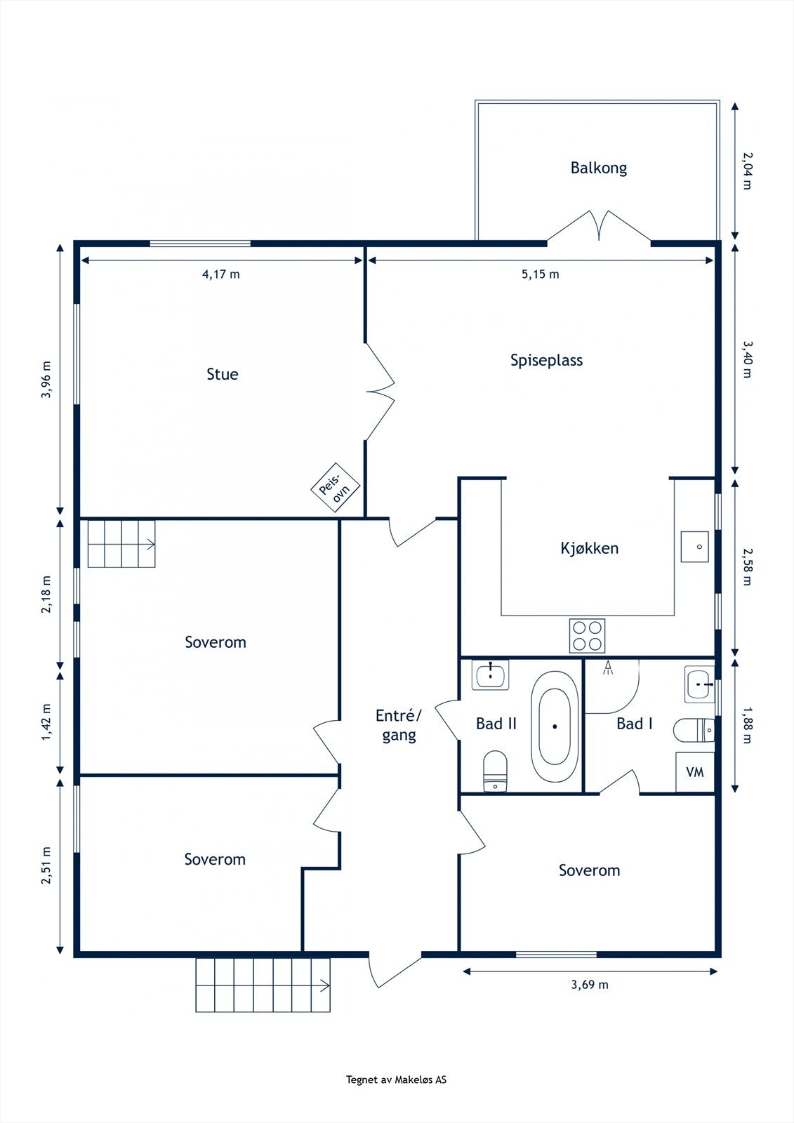 Alternativ planskisse. To soverom er slått sammen og trapp til hems er beholdt. Ved å rive veggen mellom hemsene får man også en stor hems. Alternativt kan man bygge en trapp i gangen med adkomst til hems og loft. Galleribilde