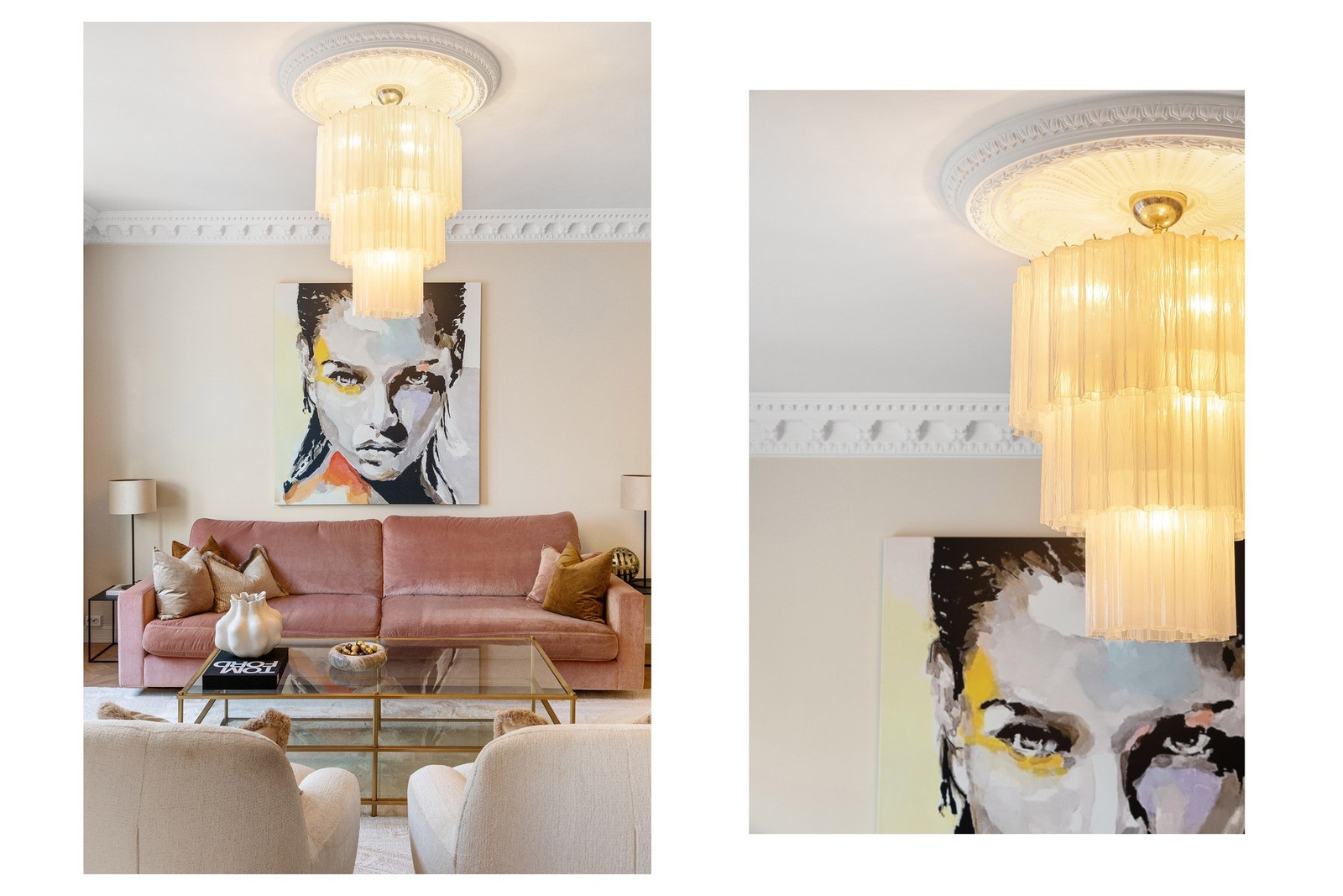 Elegant stue med majestetisk lysekrone fra Murano. Galleribilde