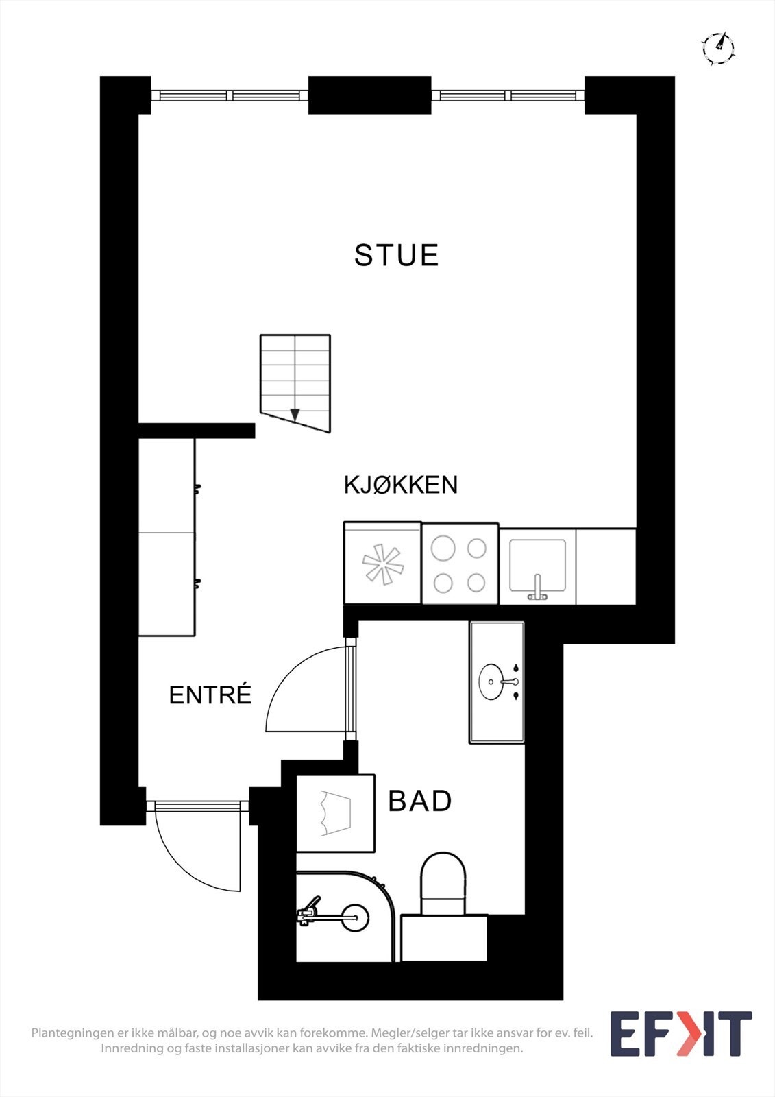 Plantegningen viser leilighetens hovedetasje med entré, bad og åpen stue- og kjøkkenløsning. Galleribilde