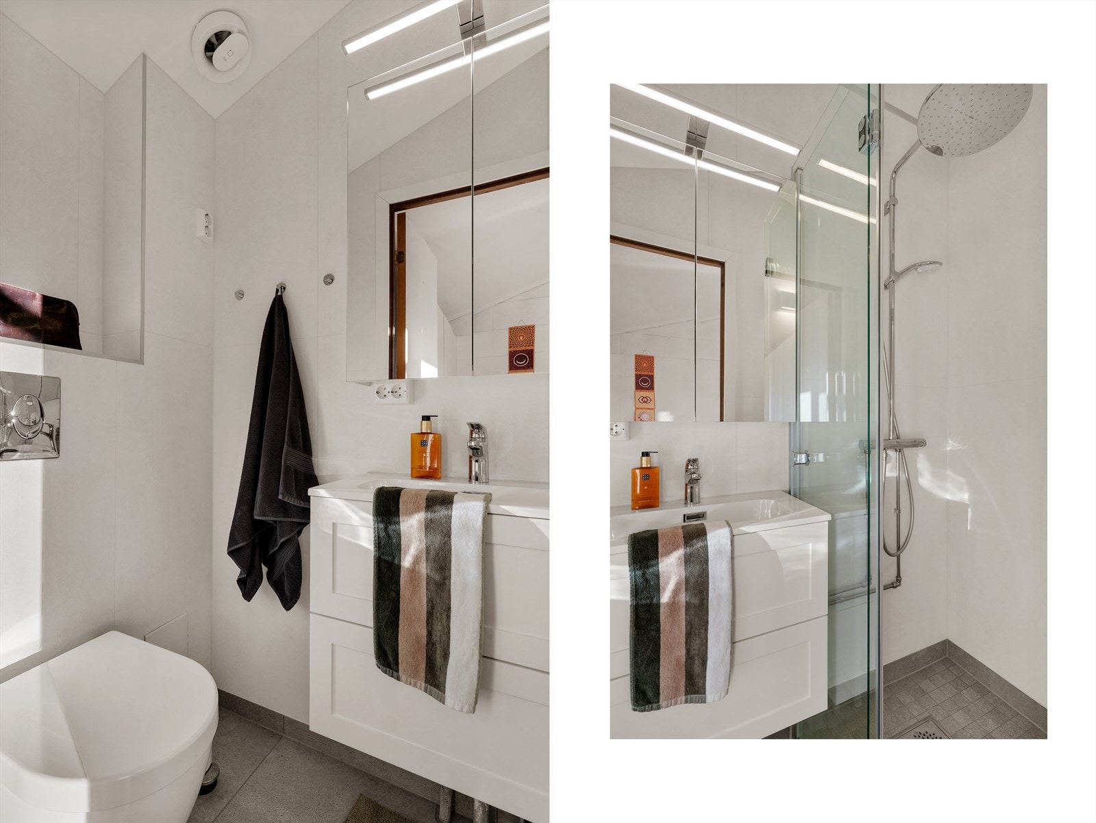 Nytt bad fra 2025 med fliser på gulvet, og våtromsplater på veggene Galleribilde