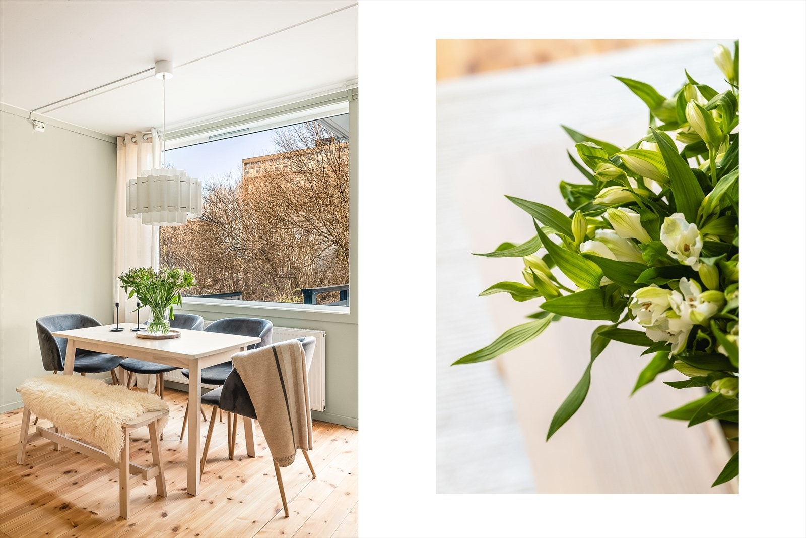 I stuen er det et stort vindu som gir rommet godt med naturlig lys og trivelig utsyn mot beplantning.
Stuevinduet er vendt mot vest. Galleribilde