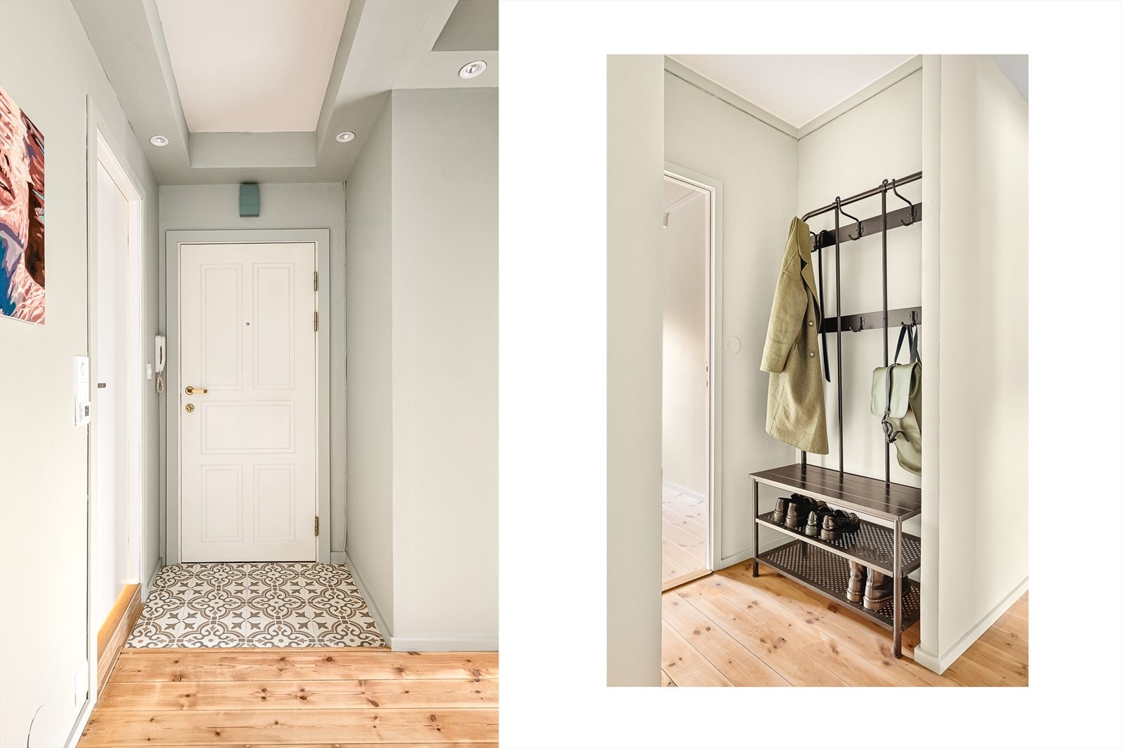 Inngangspartiet har plass til oppbevaring av sko og yttertøy. Her er det også LED spotter i taket. Galleribilde