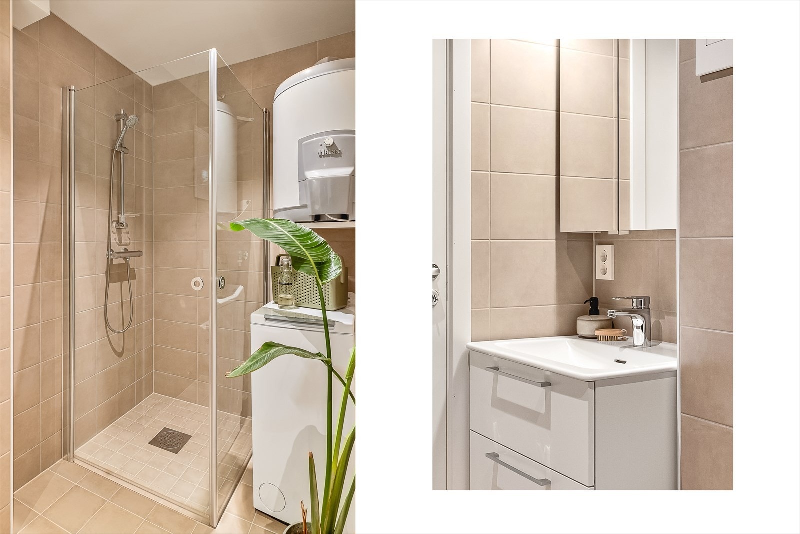 Badet inneholder: servant med møblement/speilskap og belysning, vegghengt toalett, innfellbart dusjhjørne i glass, dusjgarnityr, opplegg for vaskemaskin, vegghengt varmtvannstank og rør i rør skap. Galleribilde