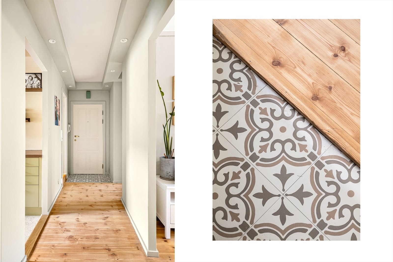 Ved inngangsdøren er det slitesterke vinylfliser på gulv, som er en smart løsning i regnbyen Bergen. Galleribilde