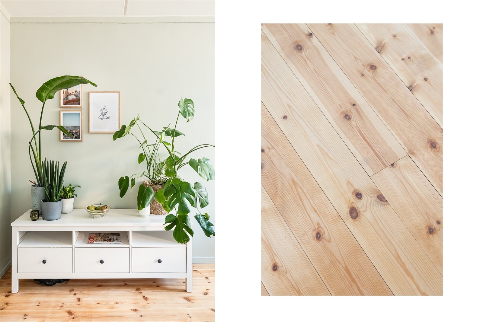 Det er et flott gulv i heltre furu som er gjennomgående for store deler av leiligheten. Gulvet i gang og stue er slipt og behandlet i 2025. Galleribilde