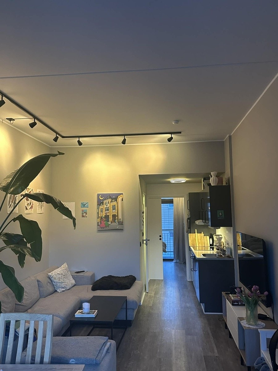 Bilde av leiligheten fra inngangsdør. Stue og kjøkken i ett rom og skyvedør inn til soverom. Galleribilde