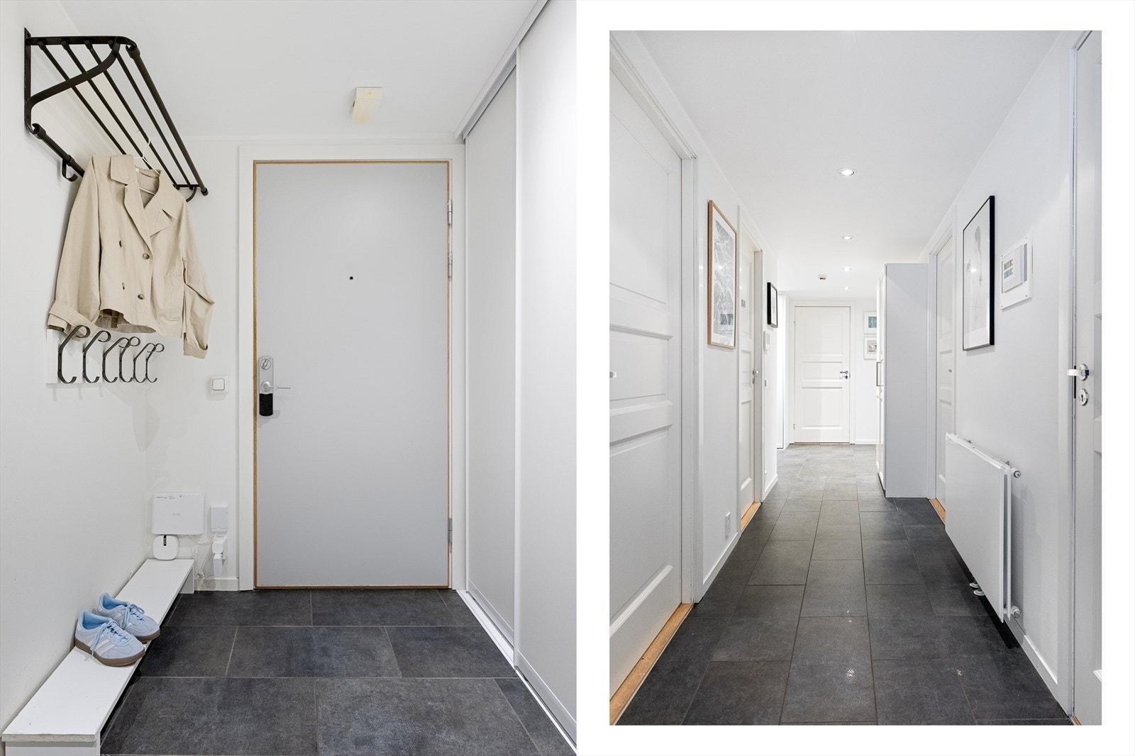 Her er det plass til oppbevaring av sko, yttertøy på oppheng og garderobeskap. Videre følger en gang som fungerer som et knutepunkt for leiligheten og forgrener seg til alle øvrige rom. Galleribilde