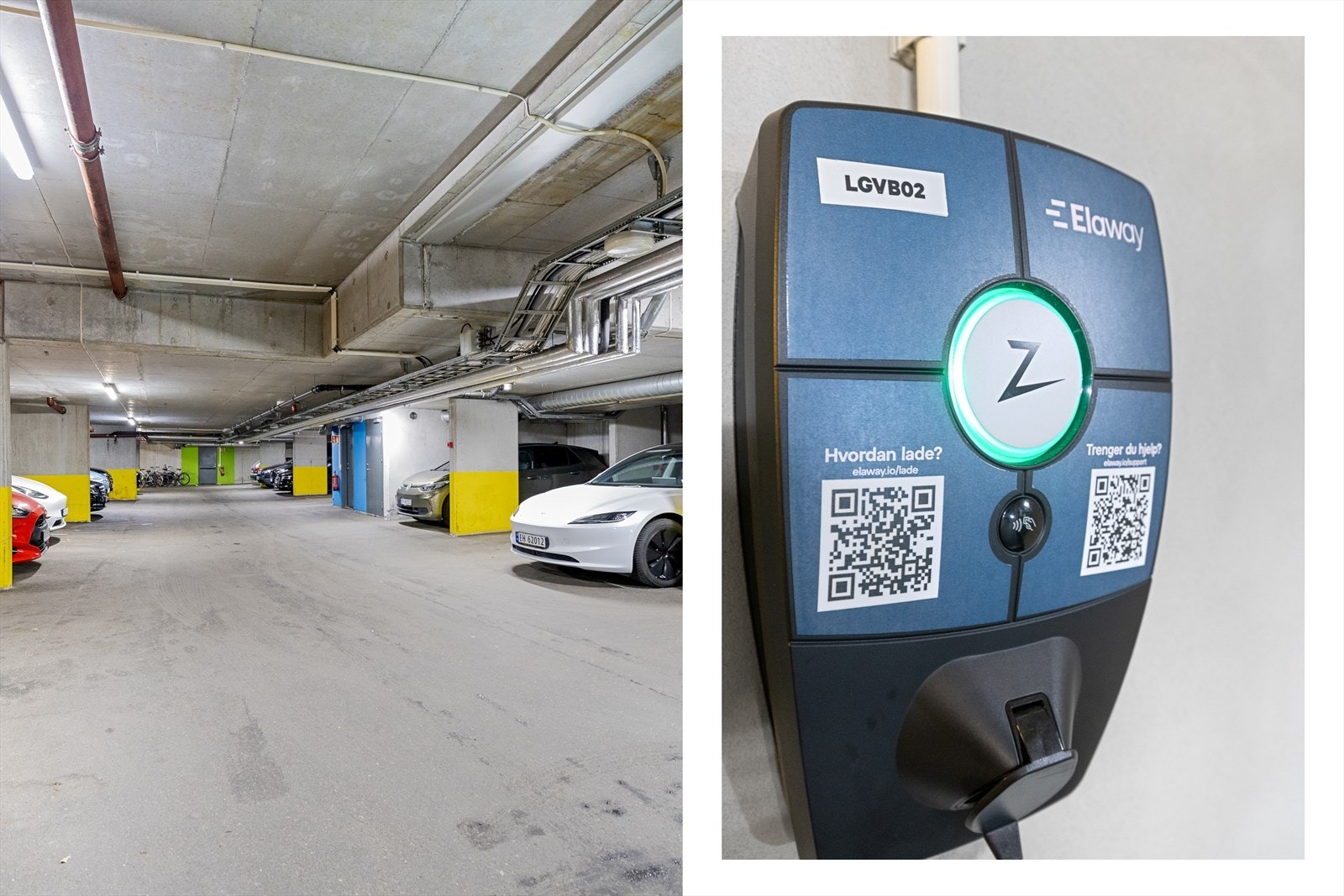 Parkering i felles garasje med lademuligheter. Galleribilde
