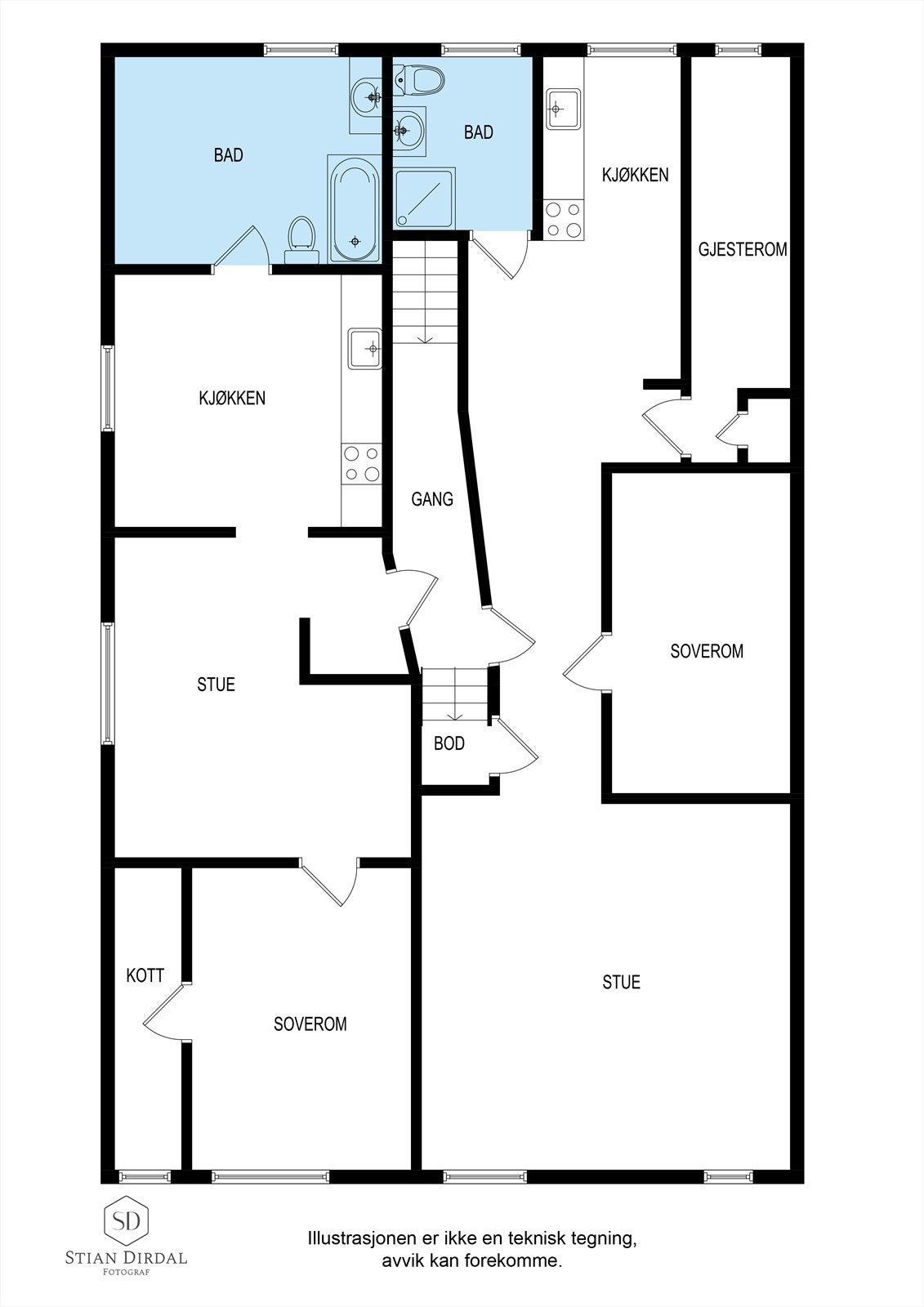 Rygjabøvegen 10 fototegning i 3 etasje. Boligdelen kun er godkjent som enebolig og at etablering av flere leiligheter ikke er omsøkt. Galleribilde