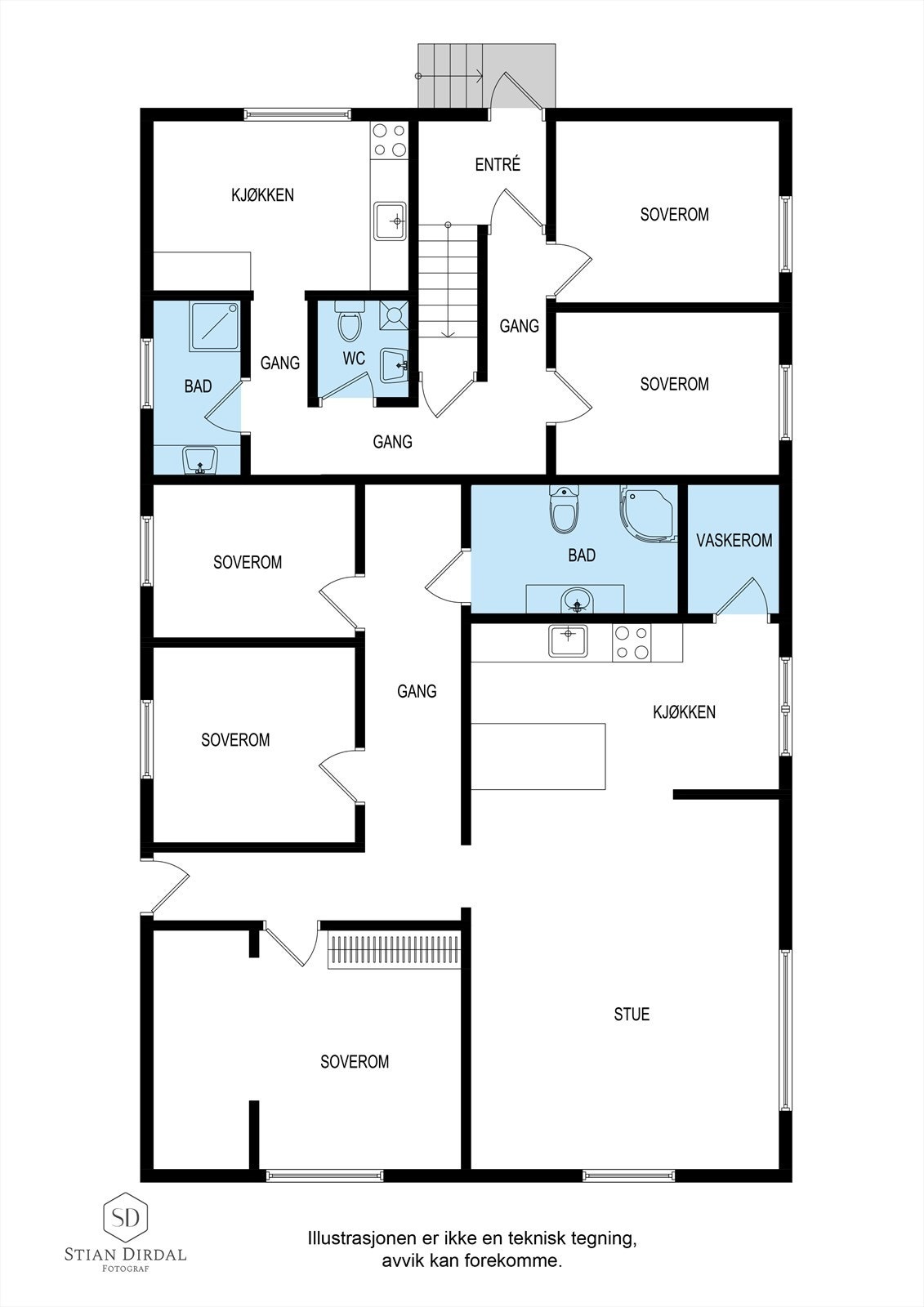 Rygjabøvegen 10 fototegning i 2 etasje. Boligdelen kun er godkjent som enebolig og at etablering av flere leiligheter ikke er omsøkt. Galleribilde