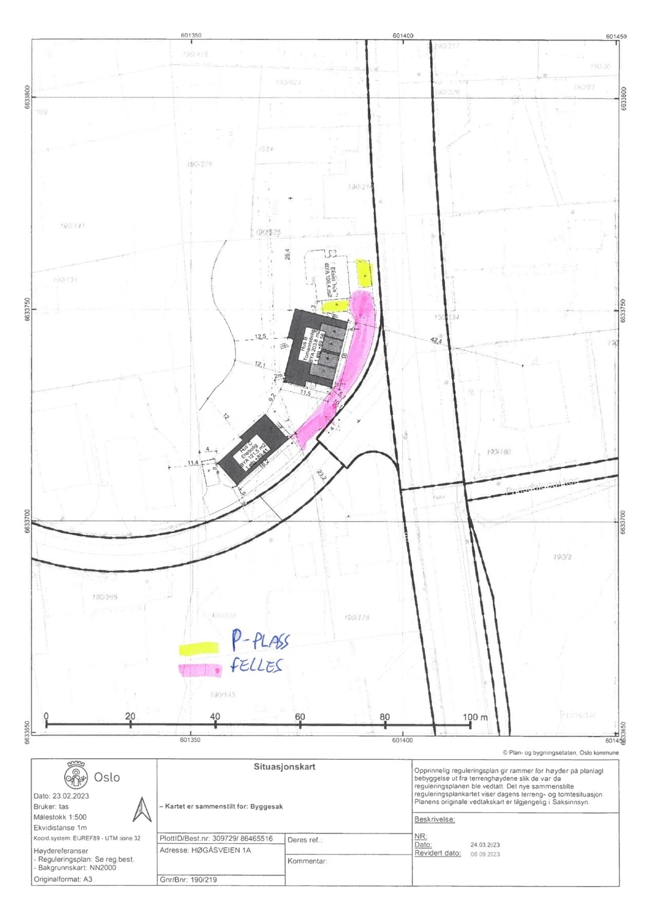 Hele tomten er felles for alle 4 seksjoner, dvs. eksisterende bolig (snr. 1) og rammetillatelsene for tomannsboligen (snr. 2 og 3) samt eneboligen (snr. 4). Galleribilde