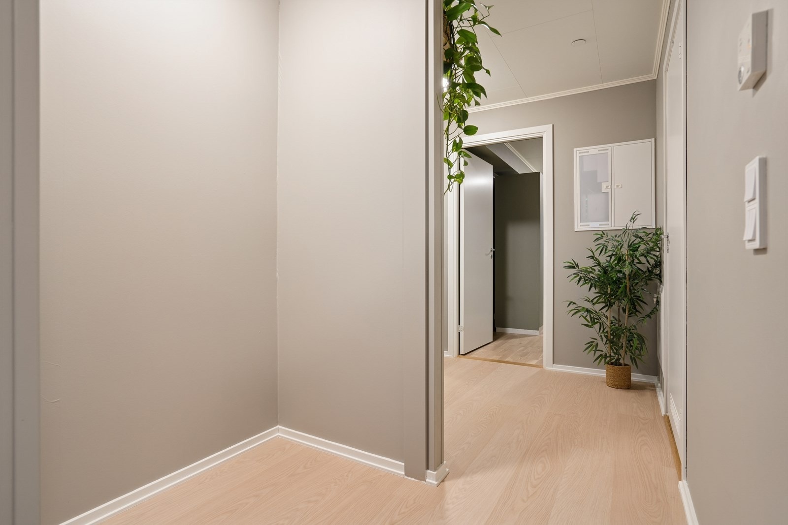 Mellom entreen og stue/kjøkken finner du nisje som er utmerket for garderobeskap eller lignende Galleribilde