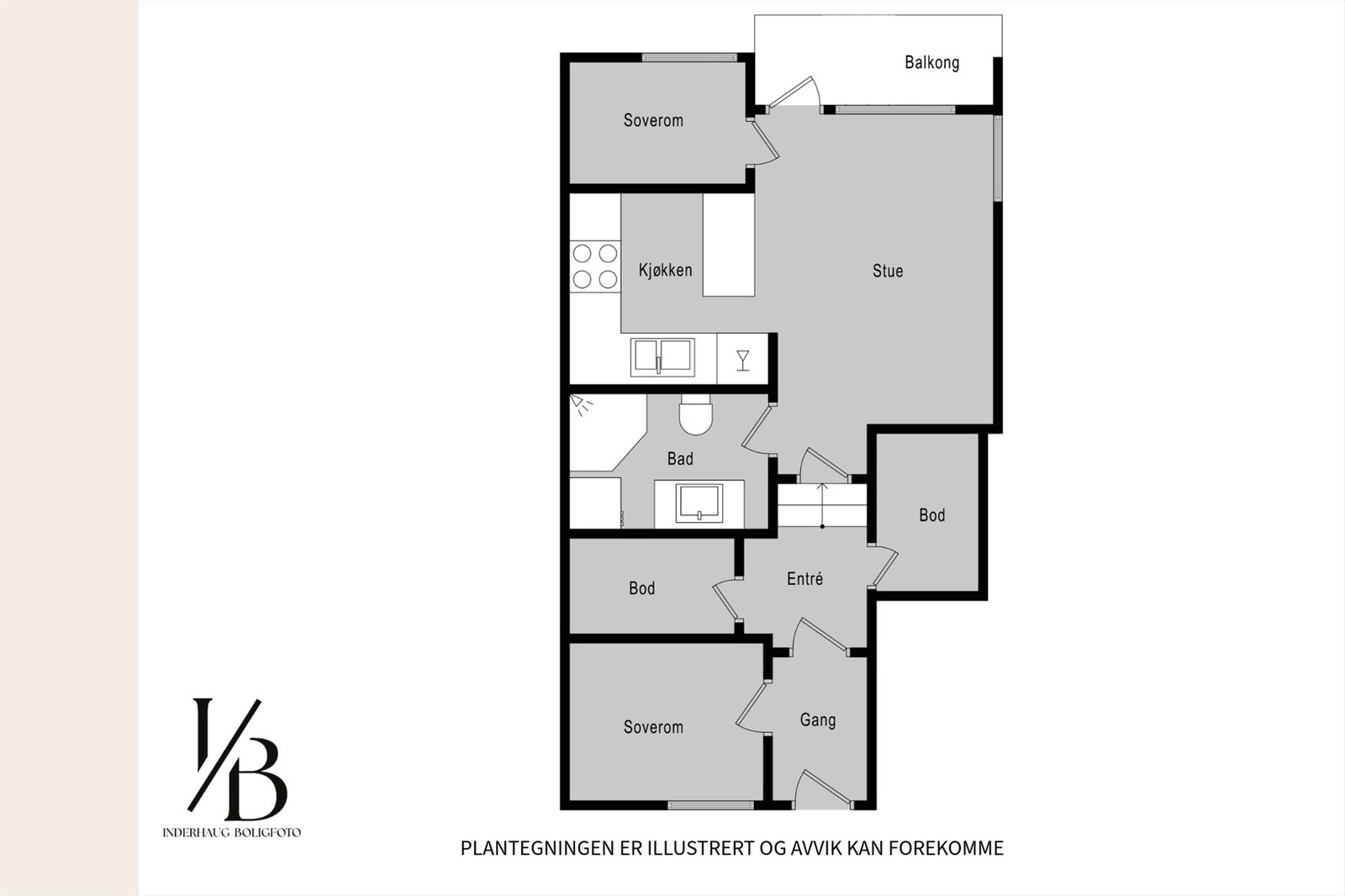 Plantegning. Leiligheten har en meget god og unik planløsning med soverom i hver ende av leiligheten, ekstremt god takhøyde og 2 store boder. Leiligheten har tidligere vært en butikk. Galleribilde