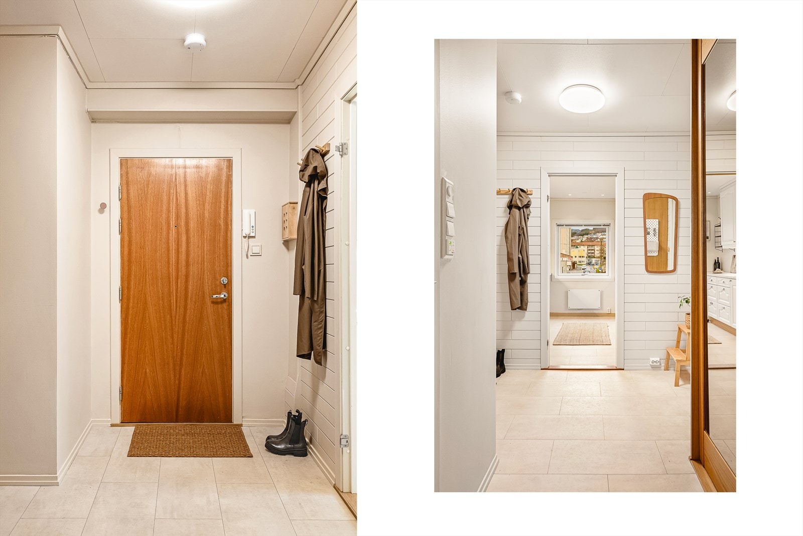 Leiligheten har et romslig inngangsparti på 6,8 kvm. Her ble det montert ny Pergo klikkvinyl på gulv i 2023. Galleribilde