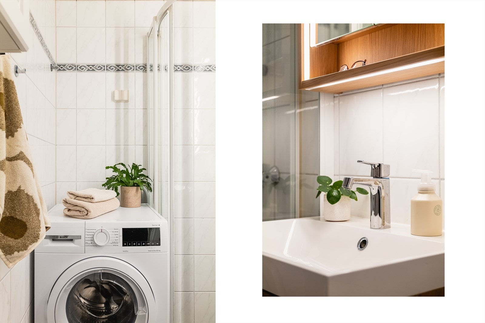 Badet ble renovert i 2006, og det er ny baderomsinnredning fra 2025.
Kombinert vaskemaskin/tørketrommel fra Bosch (2024) følger med leiligheten. Galleribilde