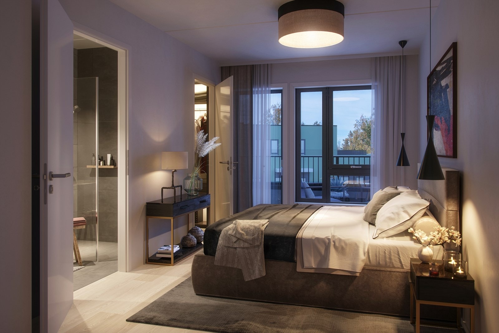 Leiligheten har et delikat master bedroom. Illustrasjon fra leilighet B502. Galleribilde