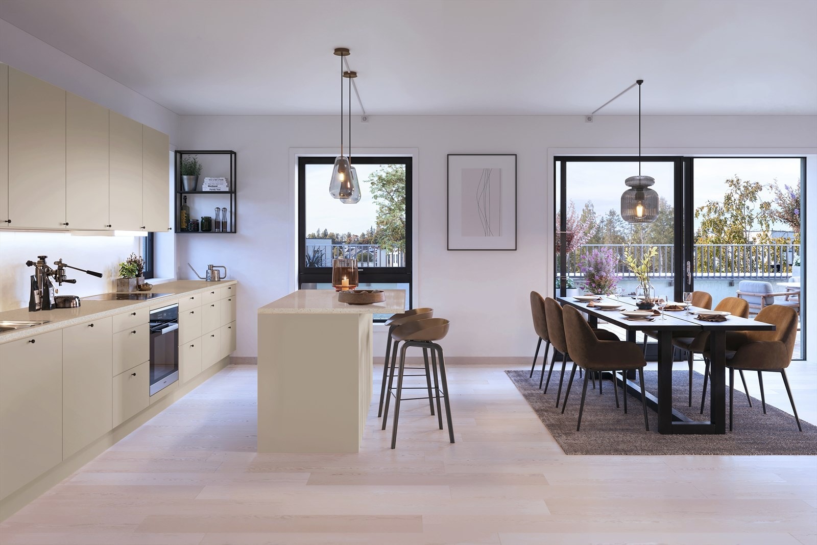 Leiligheten har en sosial stue-/kjøkkensone. Galleribilde