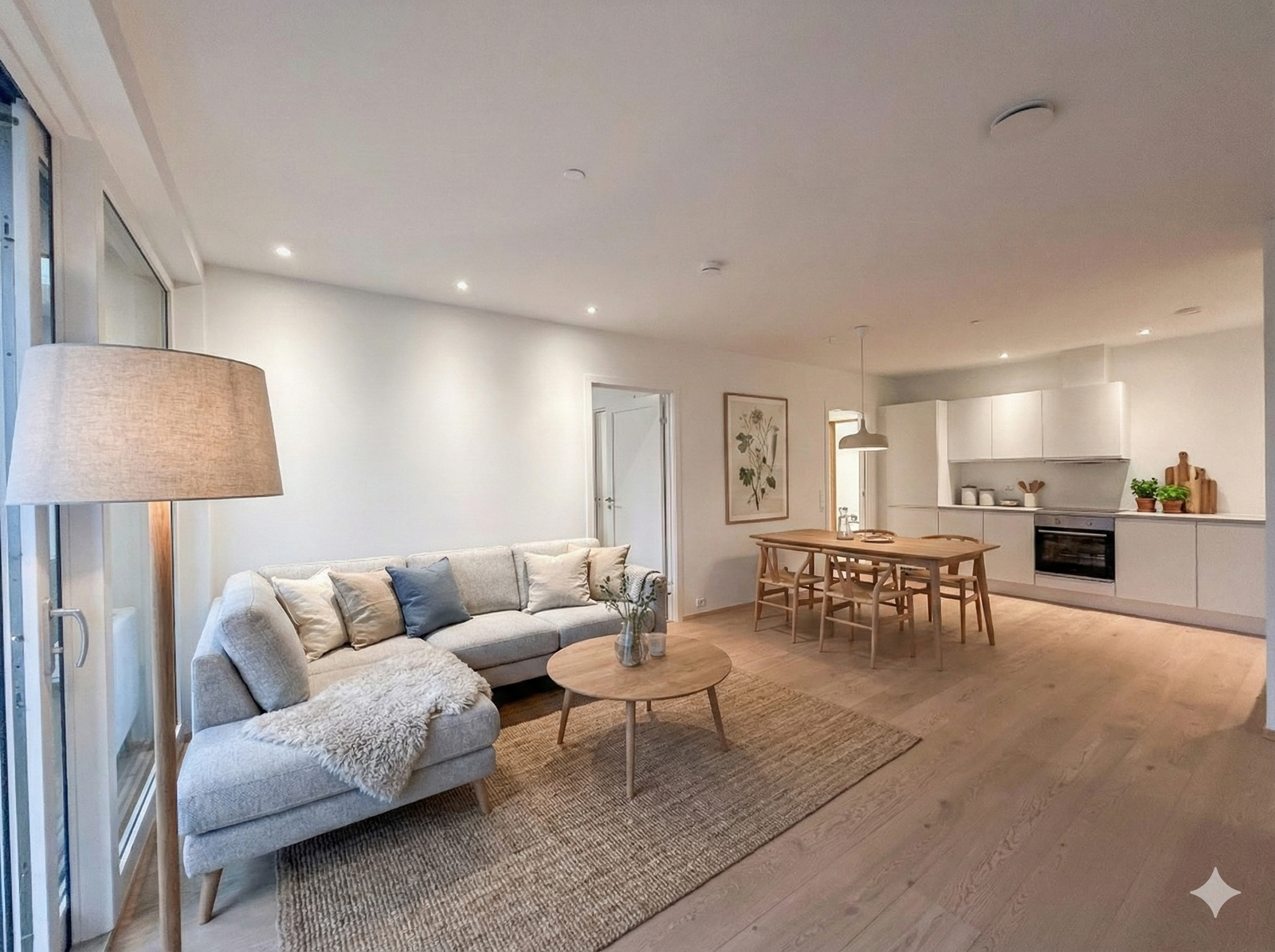 Her ser du stuen, den er digitalt møblerert opp Galleribilde