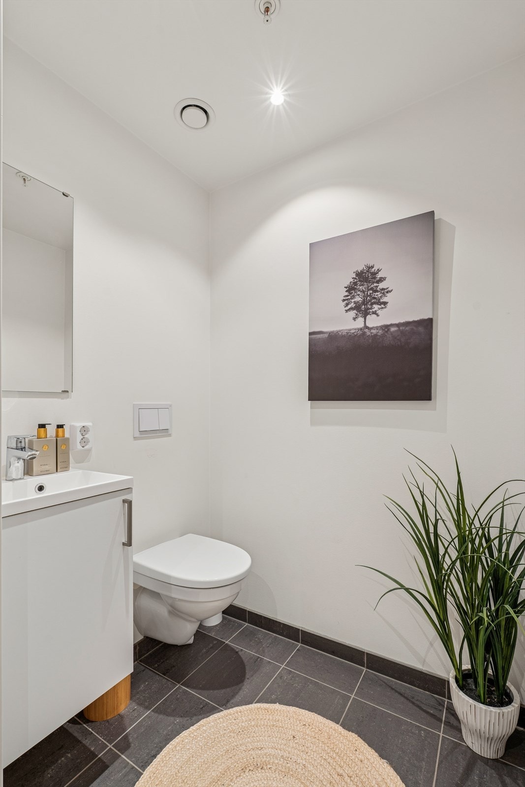 Leiligheten har også et toalettrom som er innredet med flislagt gulv og malte veggflater. Rommet er ellers utstyrt med vegghengt toalett og baderomsinnredning med nedfelt servant. Praktisk løsning slik at man slipper å ha gjester inn på baderommet. Galleribilde