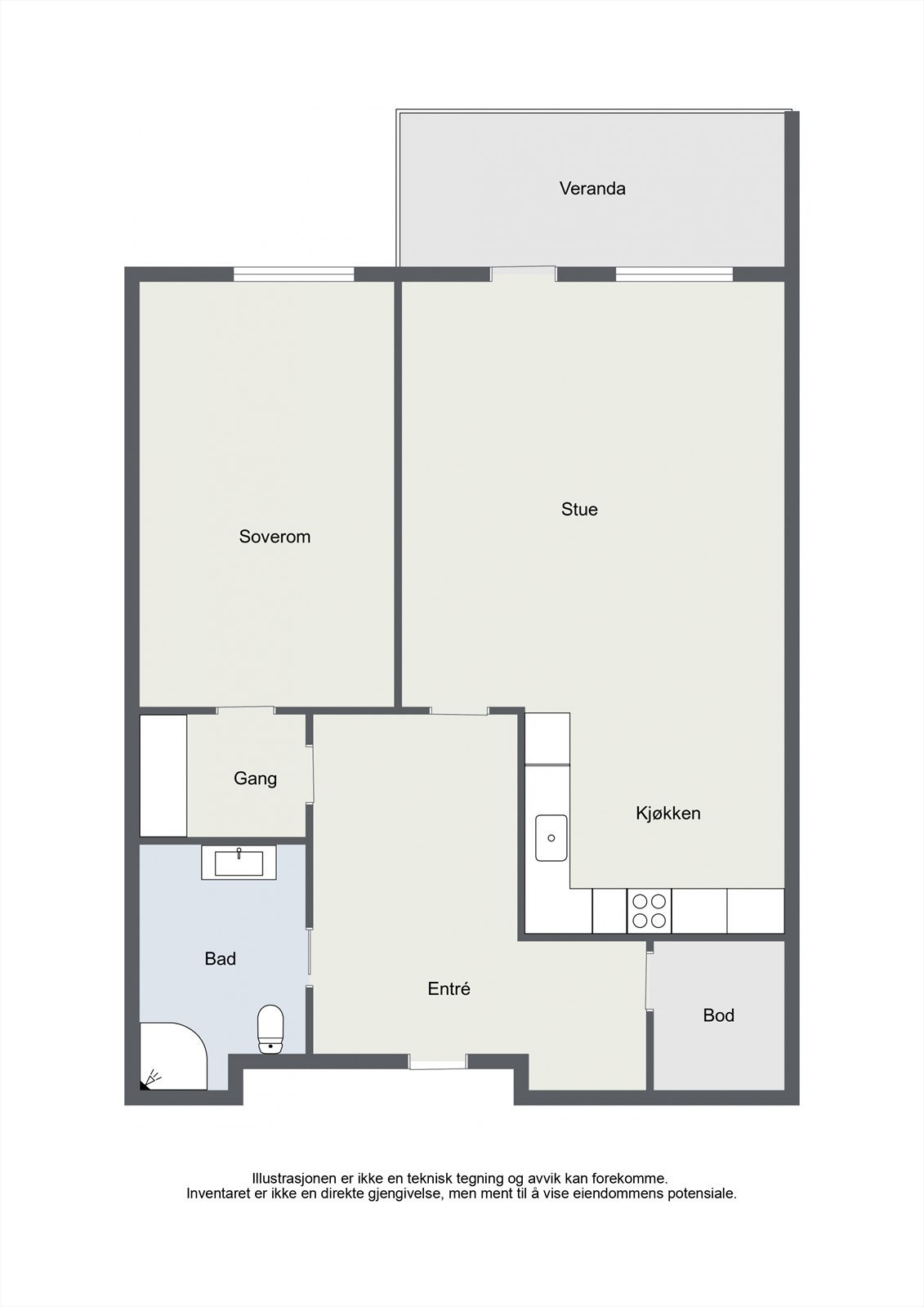 Plantegningen viser en arealeffektiv leilighet med entré, bad, bod, soverom og stue/kjøkken. Galleribilde