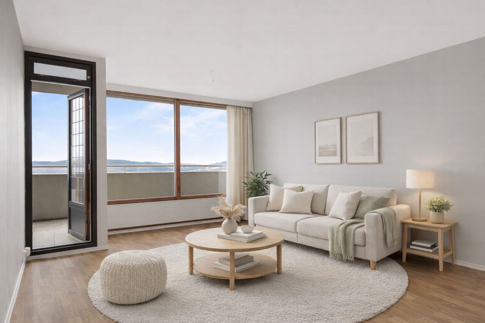 Lys og luftig stue med store vindusflater som sørger for at det slippes inn rikelig med naturlig lys - Digital styling Galleribilde