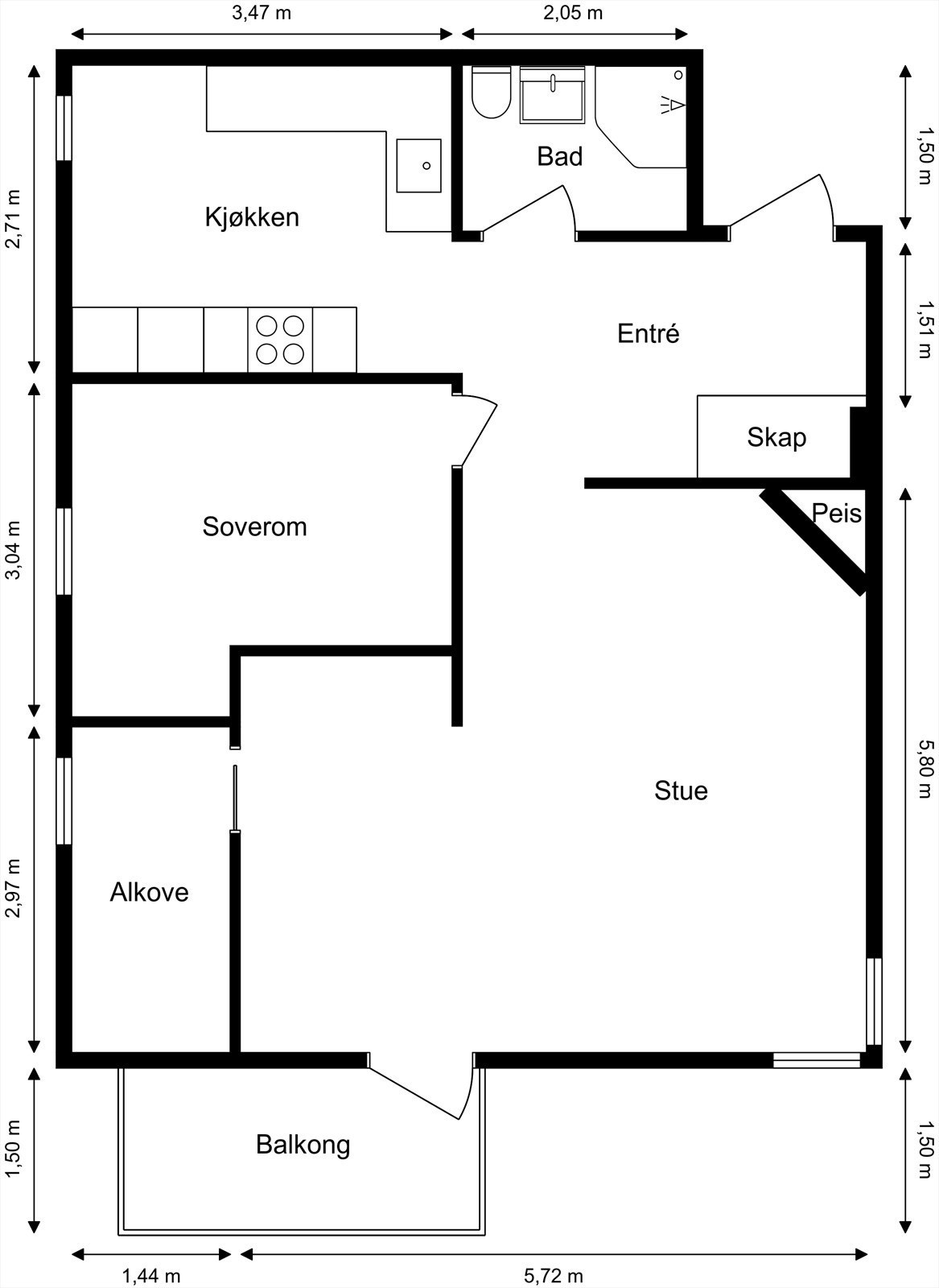 Plantegningen viser leilighetens areal på 68 m² (BRA-i) fordelt på entré, bad, kjøkken, stue, soverom og alkove. Galleribilde