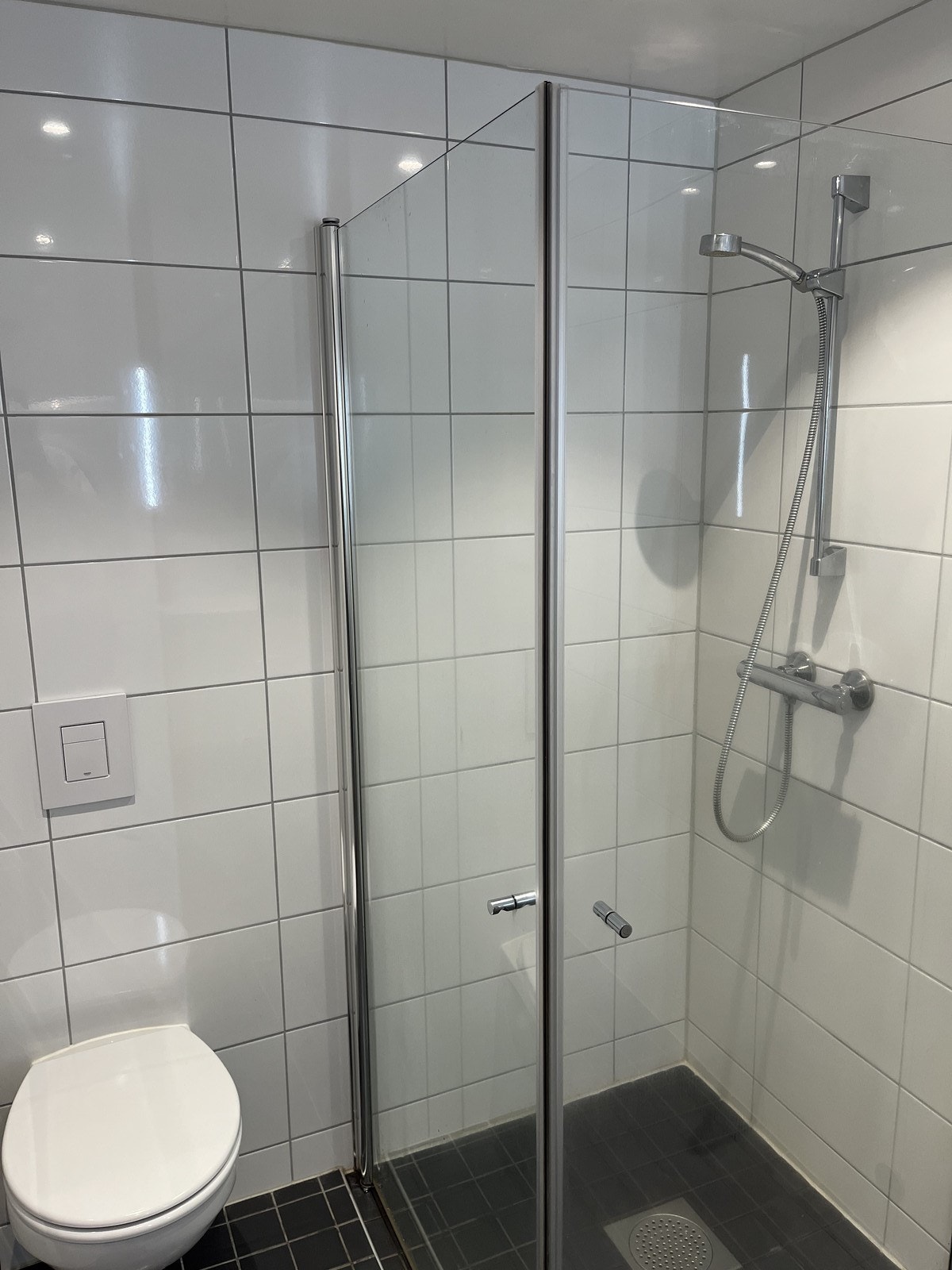 Dusjkabinett og vegghengt toalett Galleribilde