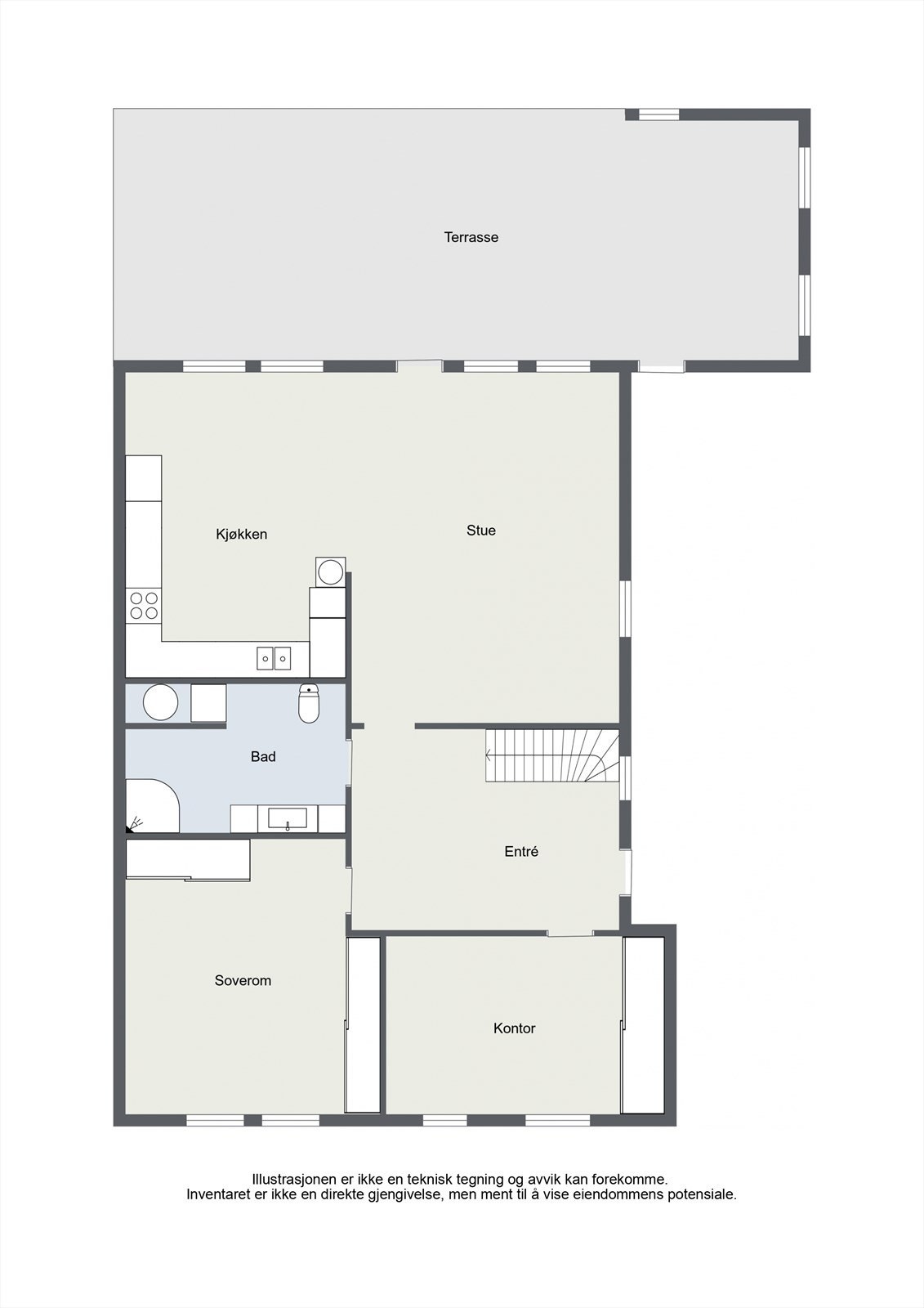 Plantegningen for første etasje viser en praktisk planløsning med stue, kjøkken, bad, to soverom/kontor og entré. Galleribilde
