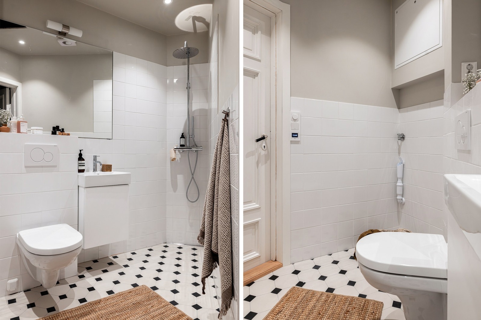 Badet inneholder dusjnisje, servant med underskap, vegghengt wc og opplegg for vaskemaskin/tørketrommel. Galleribilde