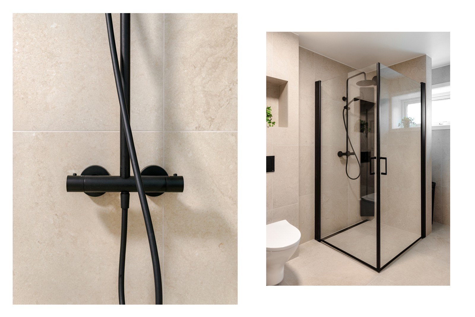 Stor og god dusj, og bak dusjen er det et lite avlukke til oppbevaring av feks skittentøyskurv, eller om man ønsker å sette opp hyller så er det også en mulighet. Galleribilde