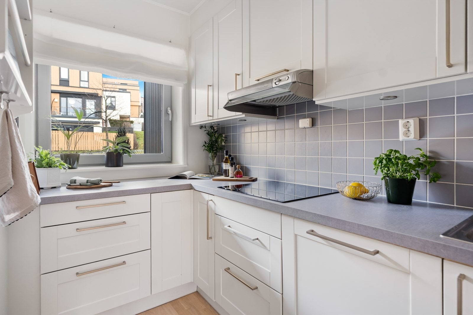 Det er kjøkkenventilator med avtrekk ut, samt montert belysning under overskapene. Galleribilde