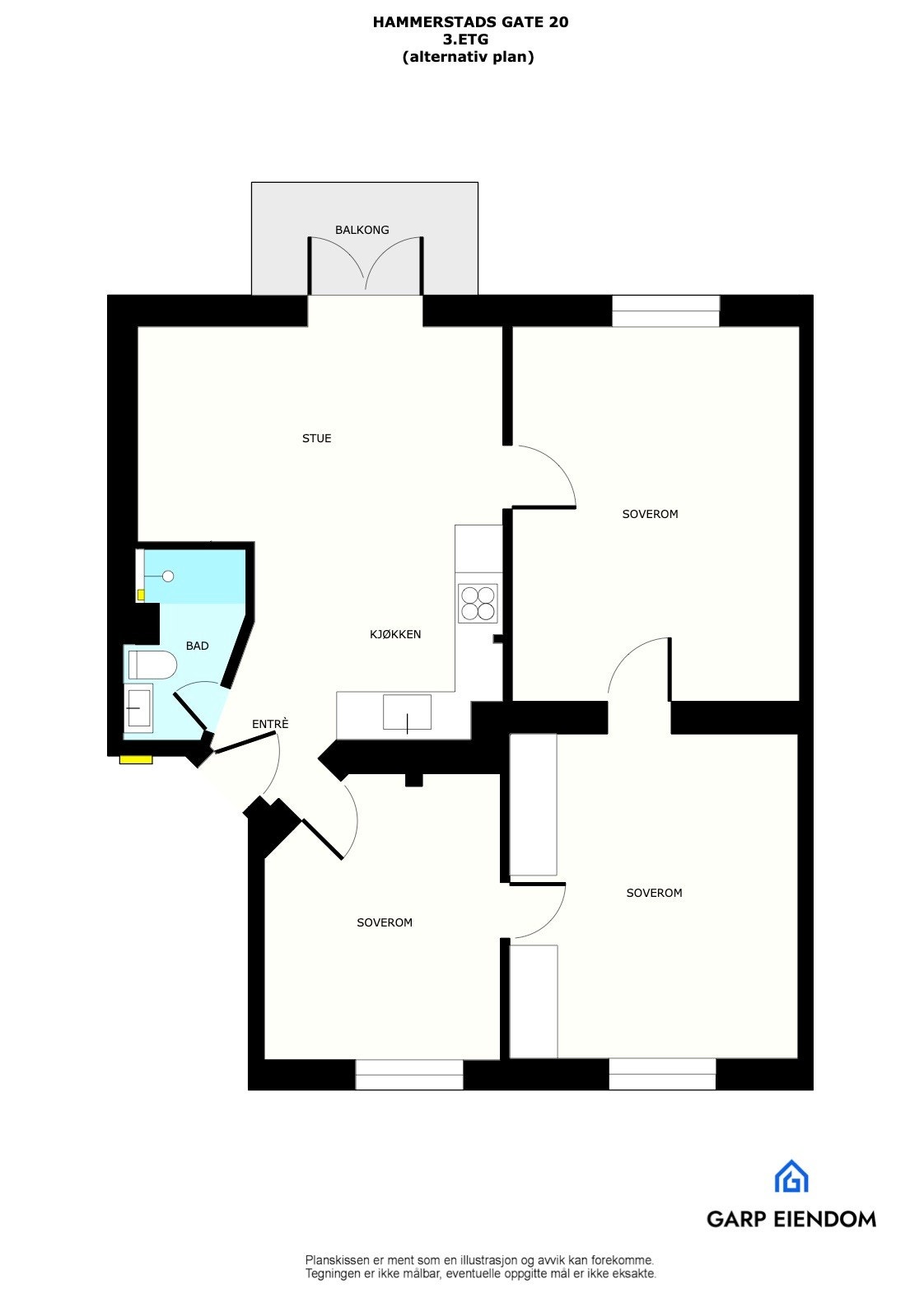 Alternativ planløsning med åpen stue/kjøkkenløsning og 3 soverom. Selger/megler tar ingen ansvar/risiko for at løsningene er gjennomførbare. Galleribilde