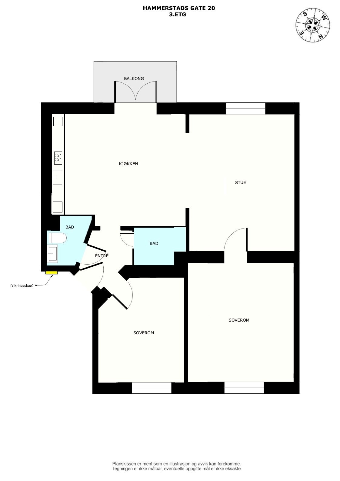 Alternativ planløsning - Kjøkken, to bad og 2 soverom. Selger/megler tar ingen ansvar/risiko for at løsningene er gjennomførbare. Galleribilde