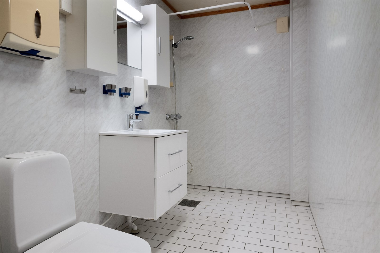 Innredningen består av et servantskap med servant og tilhørende overskap, et gulvmontert toalett og en vegghengt dusj med mulighet for forheng. Galleribilde